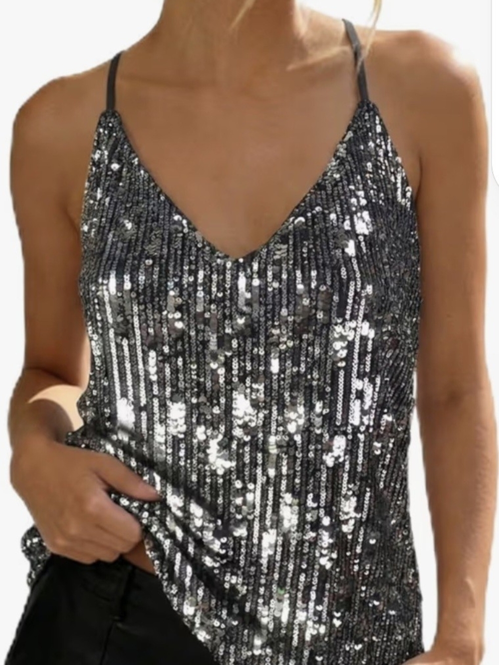Sequin V-Neck Cami Tank Top - Silver
